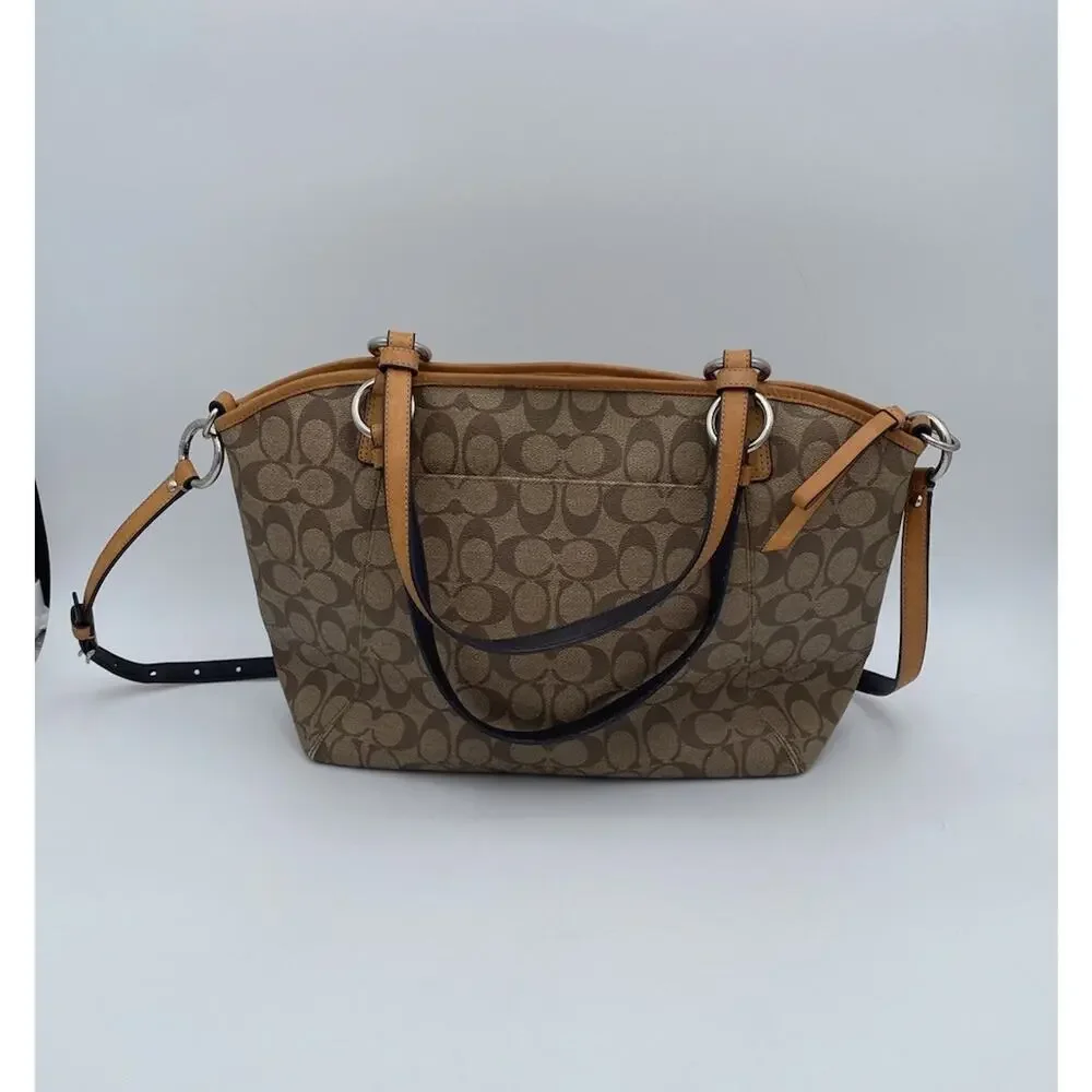 Coach Peyton Signature Pocket Tote Messenger Bag Tan Brown Crossbody Strap